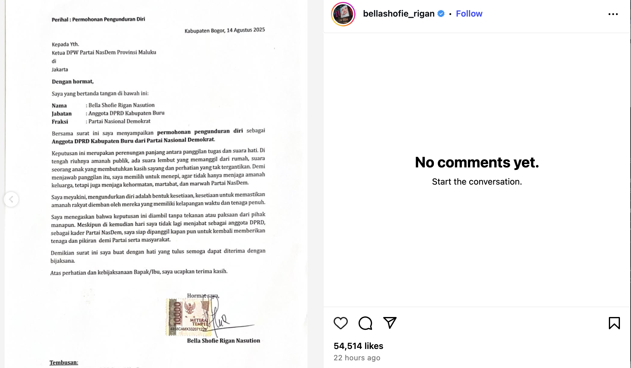 Surat pengunduran diri Bella Shofie. (Instagram/@bellashofie)